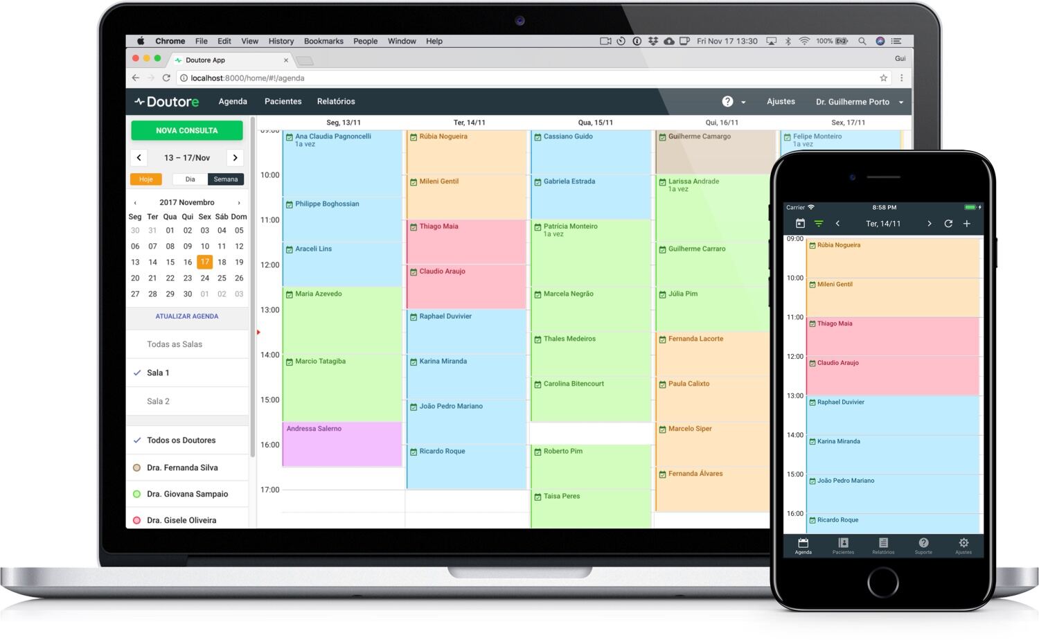 Doutore's weekly agenda running on a MacBook and an iPhone